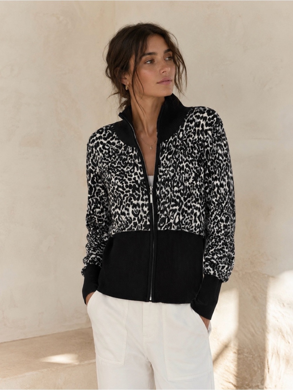 M by Marc Bouwer Blouson Sleeve Animal Print Black Ribbed Zip Front Swea…